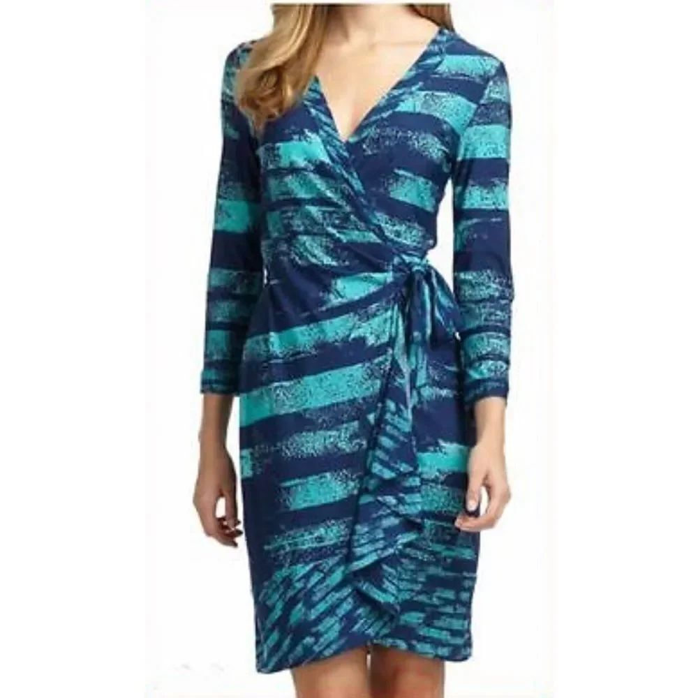 BCBG Striped Turquoise Blue Wrap Alberta Dress , Sz XS